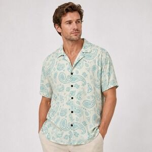 Maison Article Mens Paisley Short Sleeve Button Down Shirt‎ Teal Cream Large